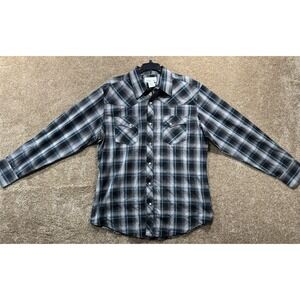 Wrangler Wrancher Men's Pearl Snap Plaid Flannel Shirt Black Teal - Size Large